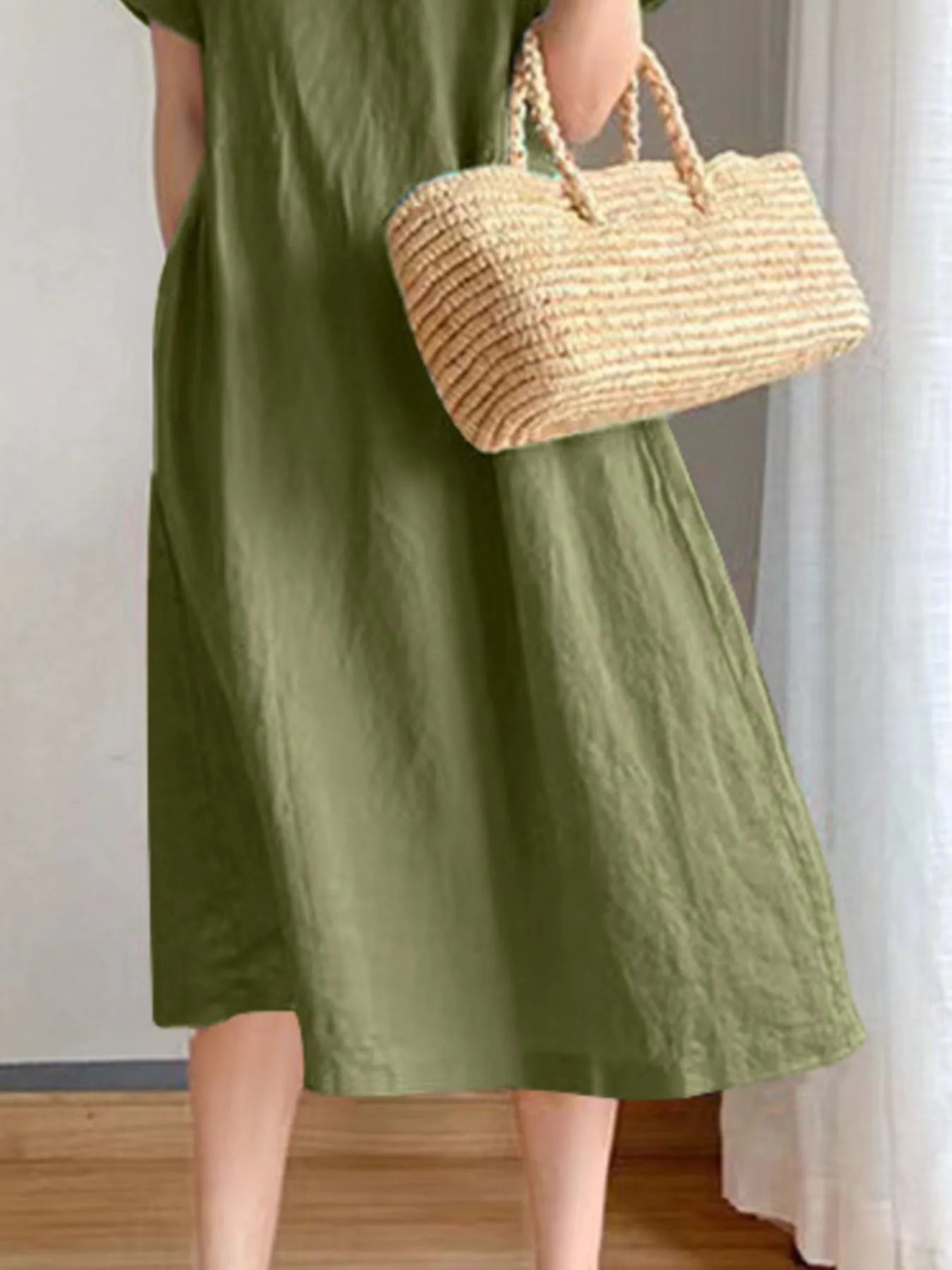 Full Size Casual Round Neck Midi Dress Plus Size OutfitFlow