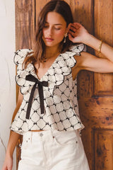 SO ME Bow Texture Jacquard Woven Top with Scallop and Tie IVORY Trendsi