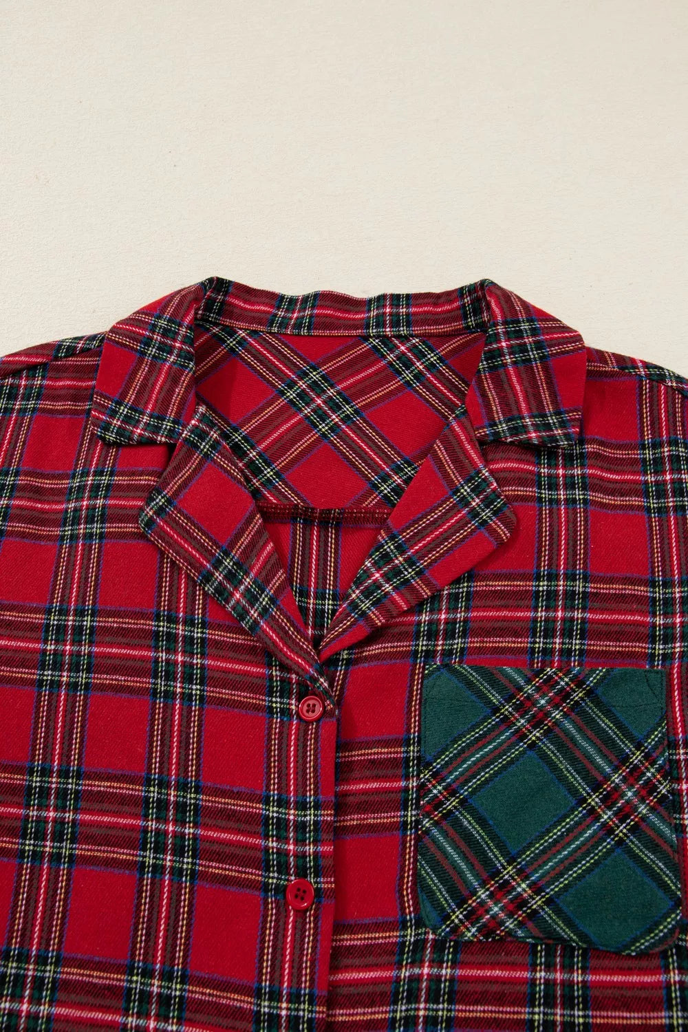 Plaid Contrast Patched Christmas Holiday Long Sleeve Shirt and Short 2pcs Pajama Set OutfitFlow
