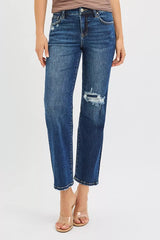 RISEN High Rise Crop Slim Straight Jenas with Hidden Knee Patch DARK OutfitFlow