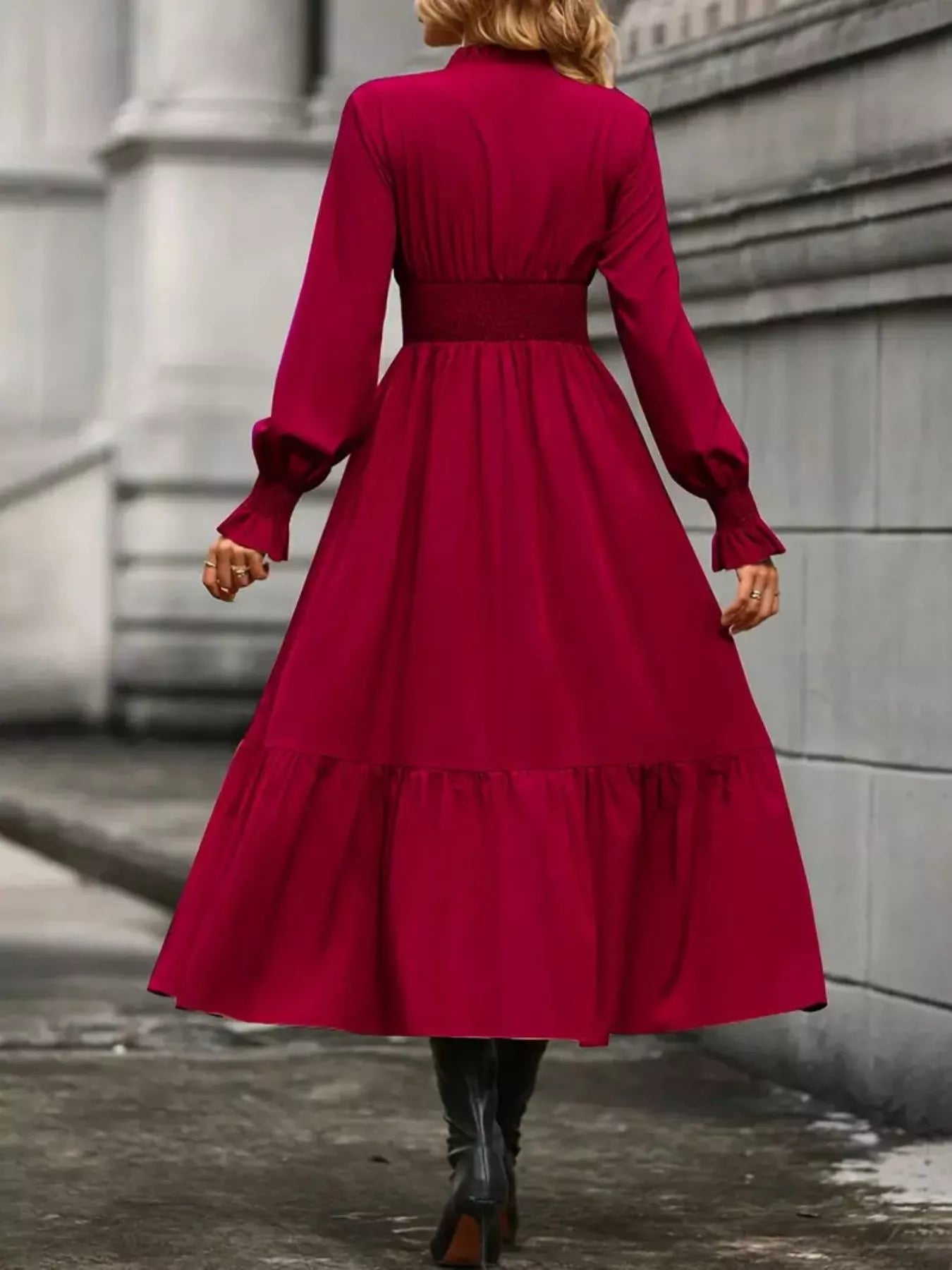 Surplice Long Sleeve Tiered Midi Dress OutfitFlow