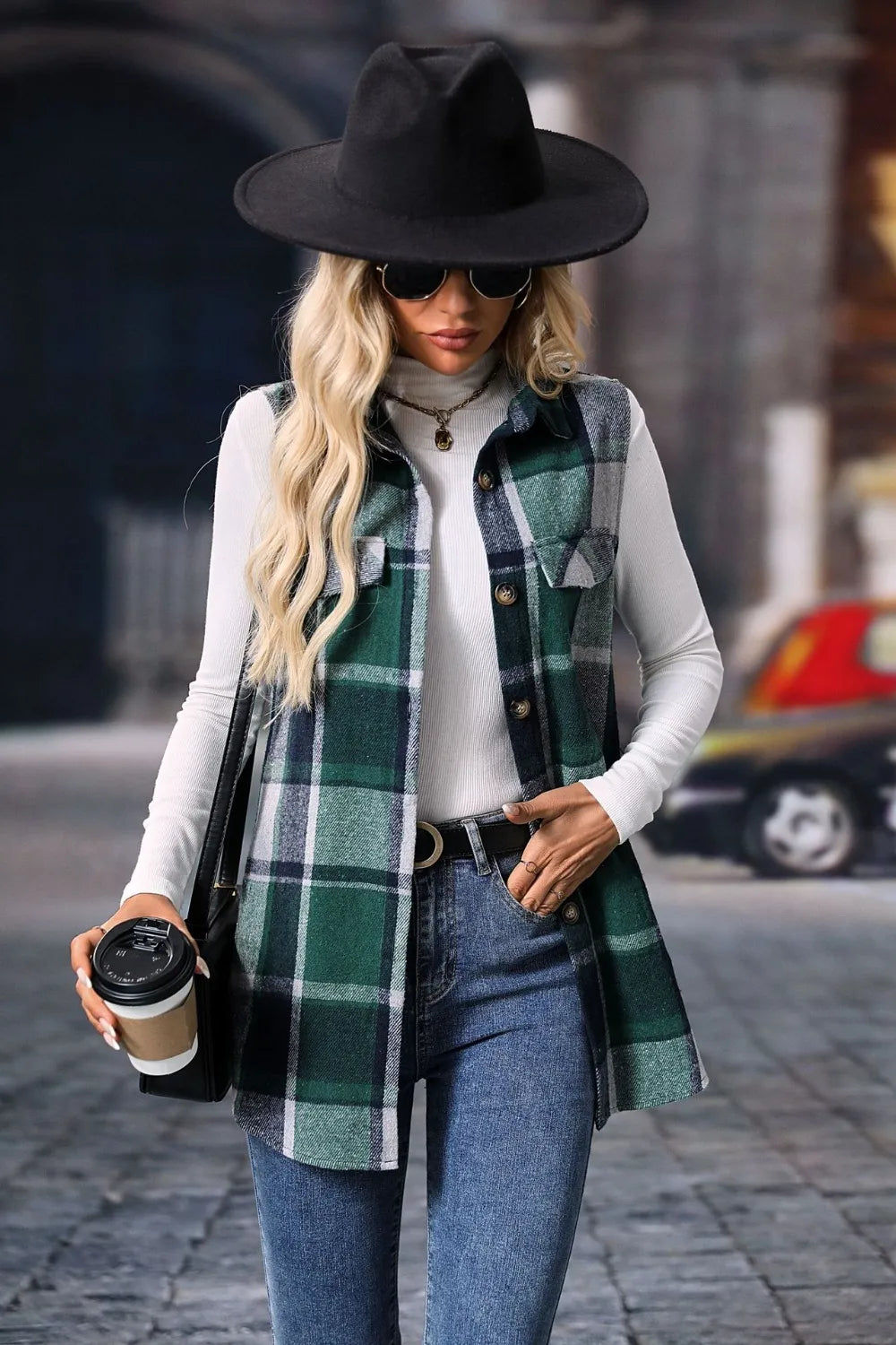 Plaid Button Up Vest Coat Trendsi
