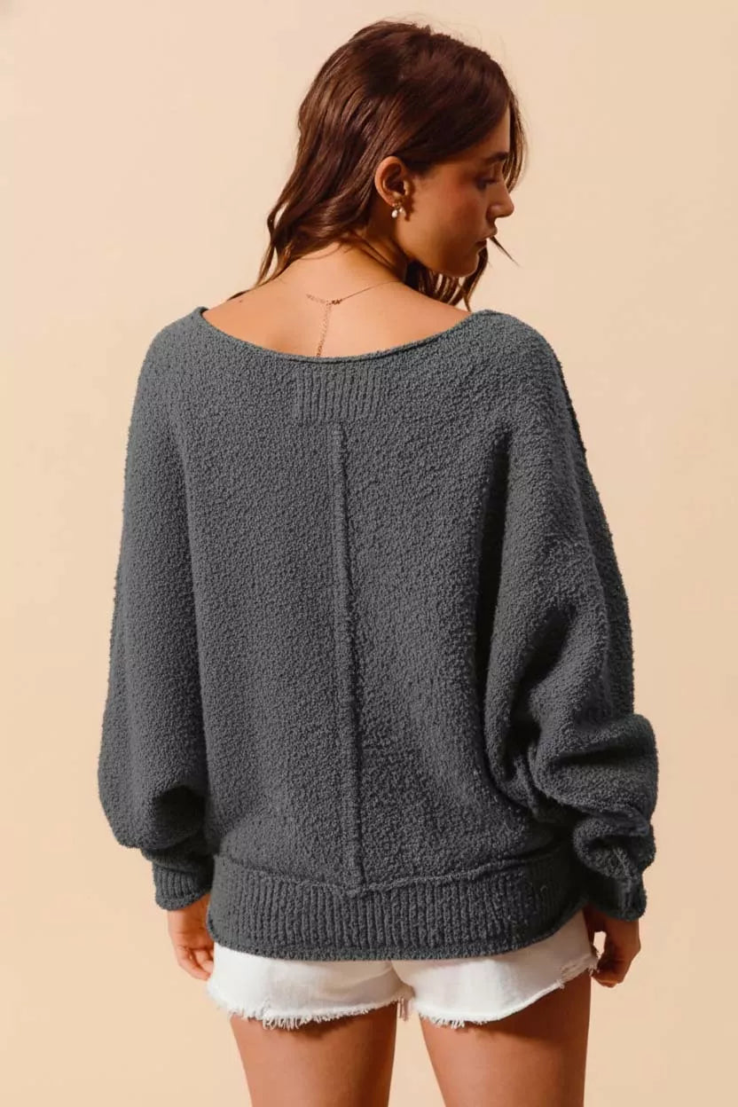 SO ME Loose Fit Exposed Seam Slouchy Boucle Sweater Trendsi