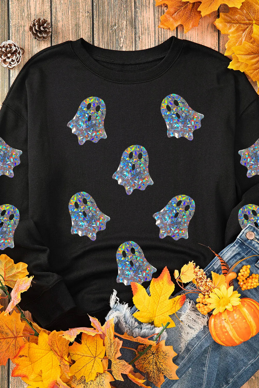 Ghost Round Neck Long Sleeve Sweatshirt OutfitFlow