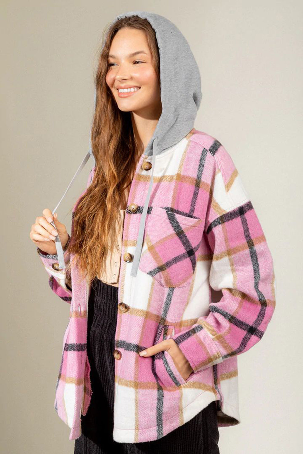 Outfit Flow - Drawstring Plaid Dropped Shoulder Hooded Jacket