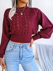 Outfit Flow - Openwork Mock Neck Long Sleeve Cropped Sweater