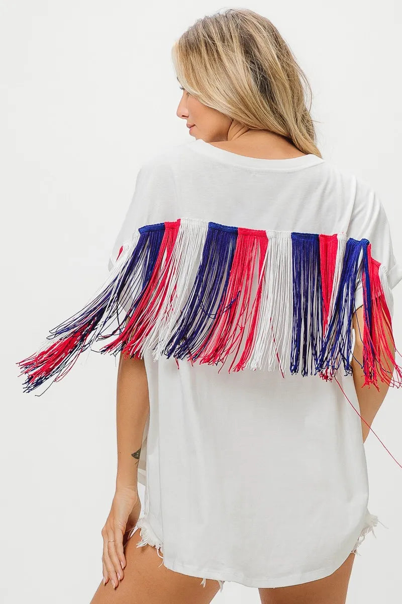 BiBi American Flag Sequin Star Fringe Top OutfitFlow