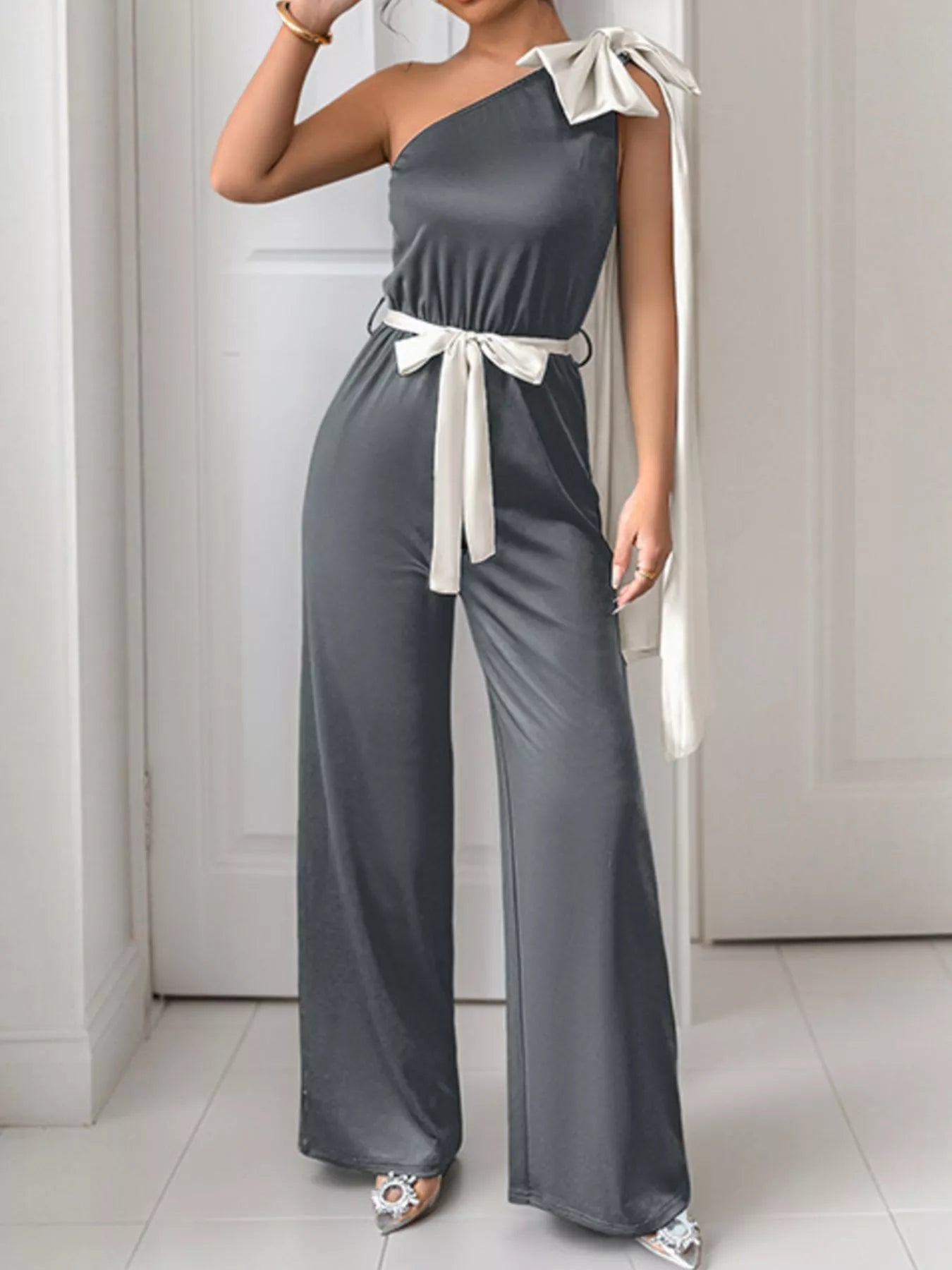 One-Shoulder Bowknot Wide Leg Jumpsuit Gray OutfitFlow