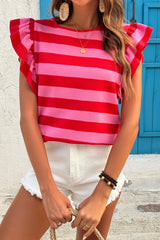 Striped Ruffle Sleeve Summer T-Shirt OutfitFlow