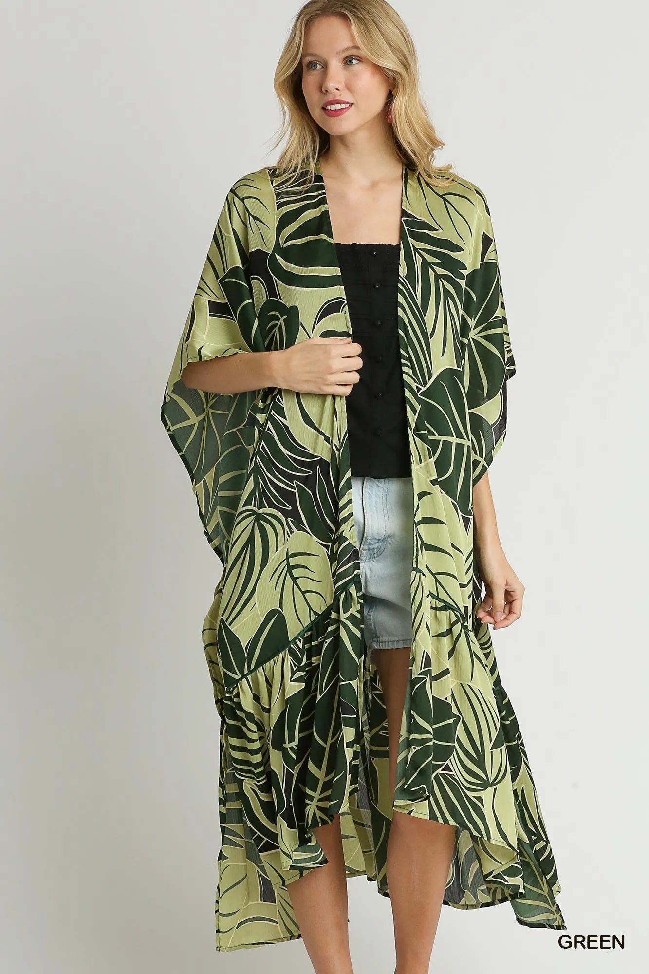 Umgee Satin Tropical Plant Print Open Front Kimono with Ruffle Details OutfitFlow