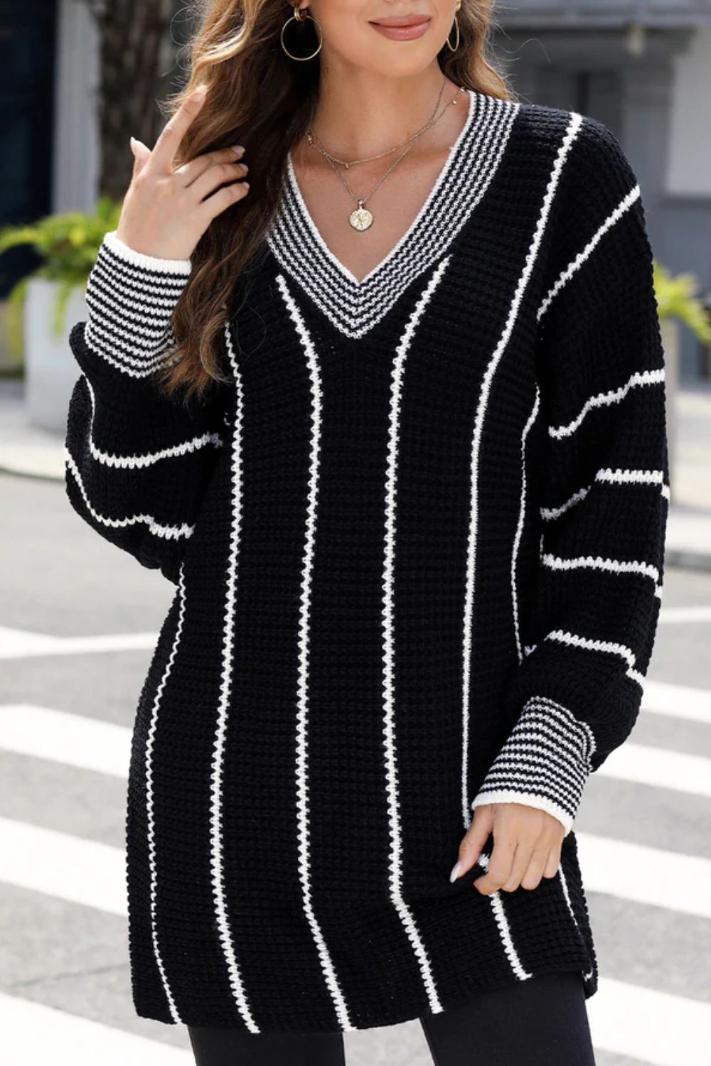 Outfit Flow - Striped V-Neck Long Sleeve Sweater