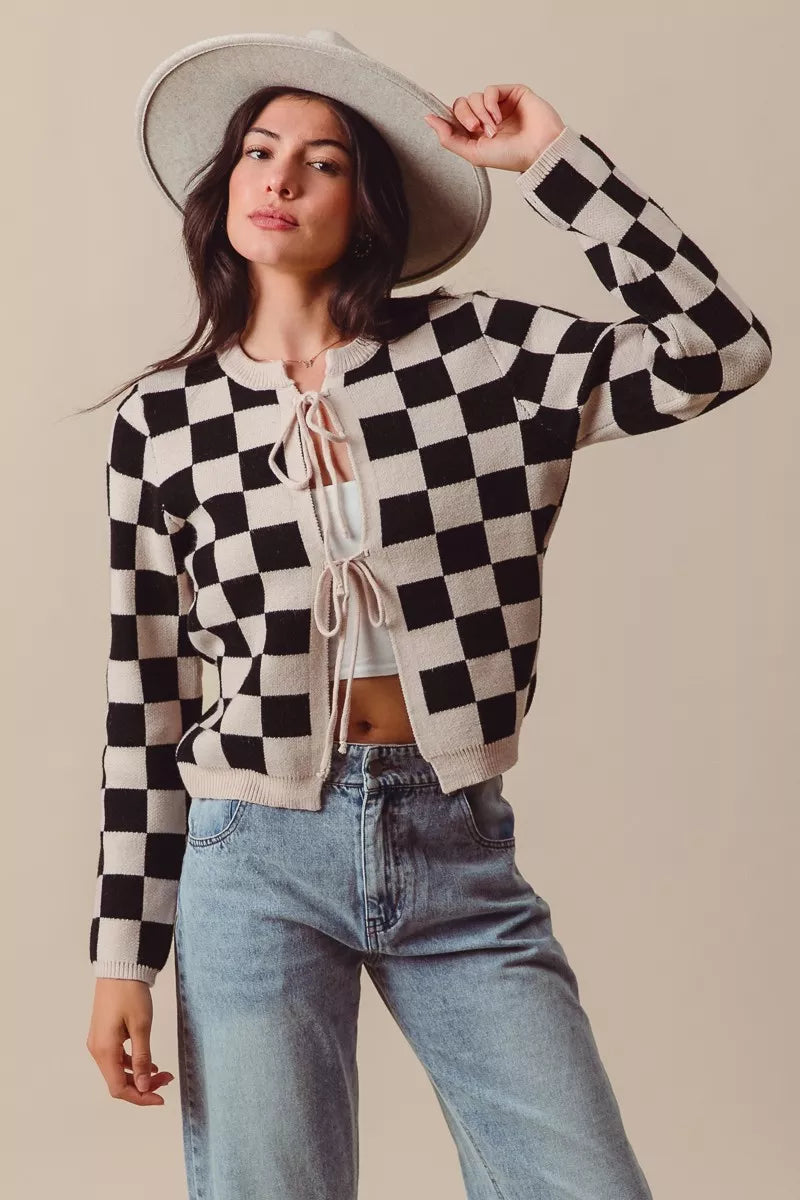 SO ME Tie Front Checkered Knitted Round Neck Cardigan Trendsi