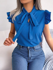 Ruffled Tie Neck Cap Sleeve Blouse Peacock Blue OutfitFlow