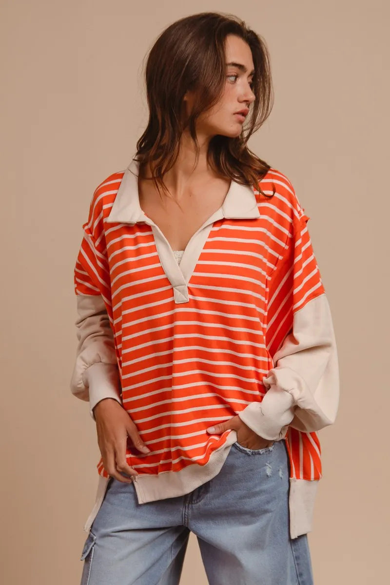 BiBi Stripe Knit Loose Fit Top With Cut Edge Detail OutfitFlow