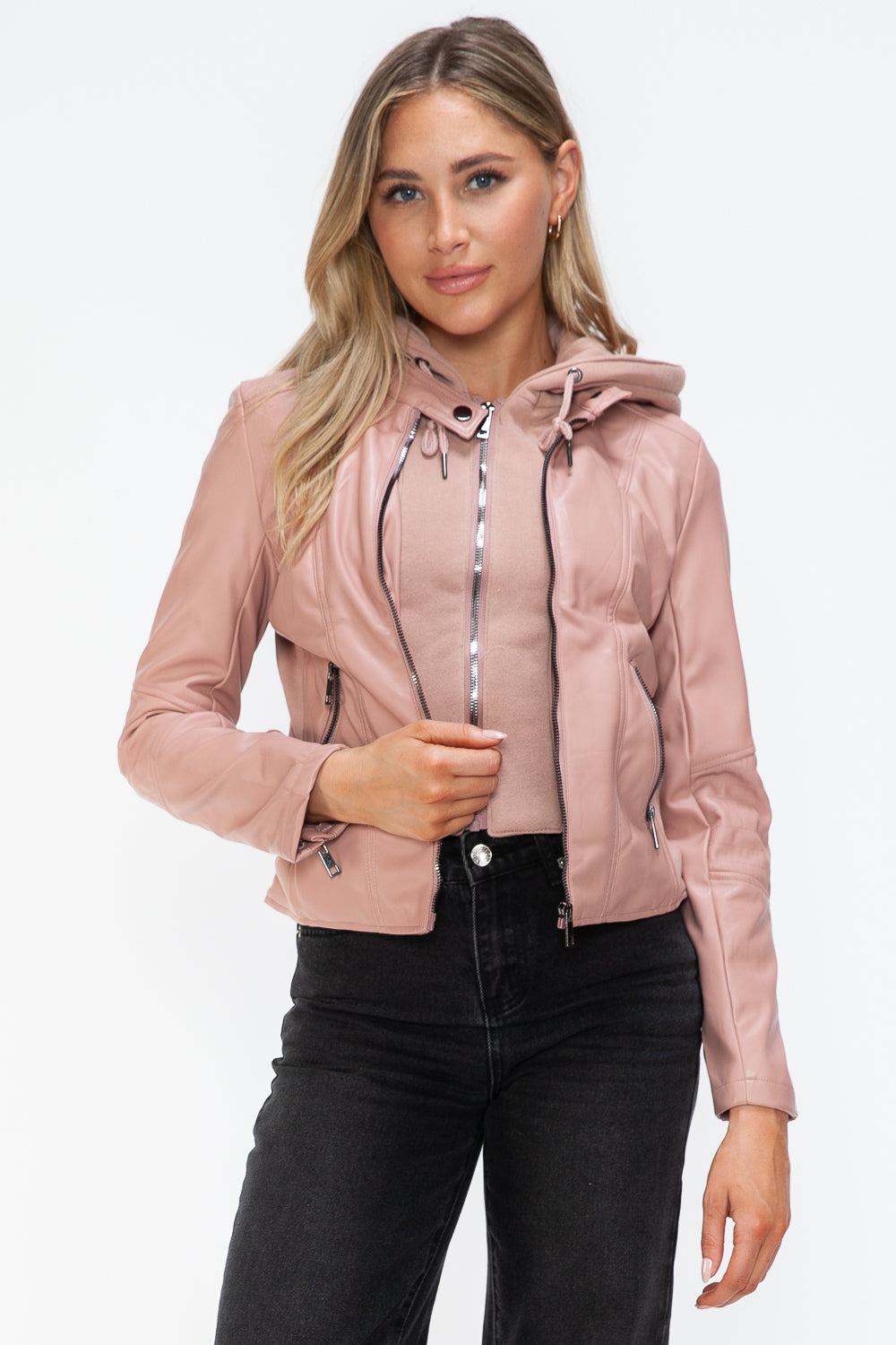 Outfit Flow - Snobbish Faux Leather Zip Up Drawstring Hooded Jacket