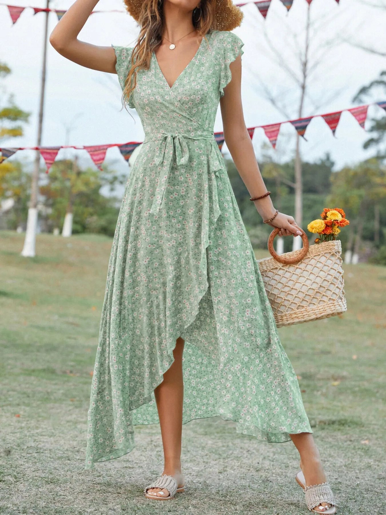 Printed Surplice Ruffle Sleeve Dress OutfitFlow