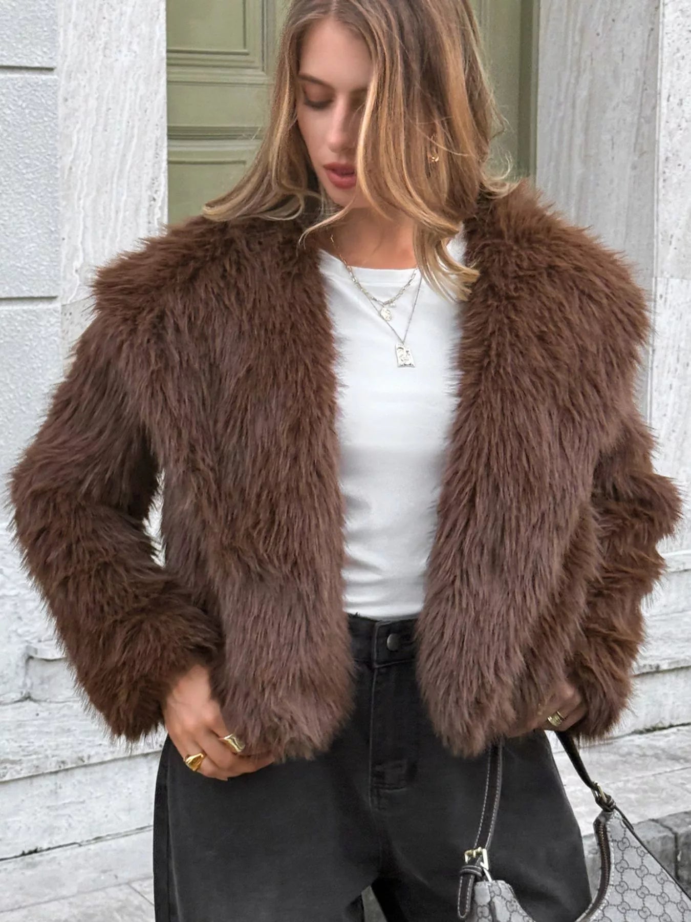 Open Front Faux Fur Cropped Jacket OutfitFlow