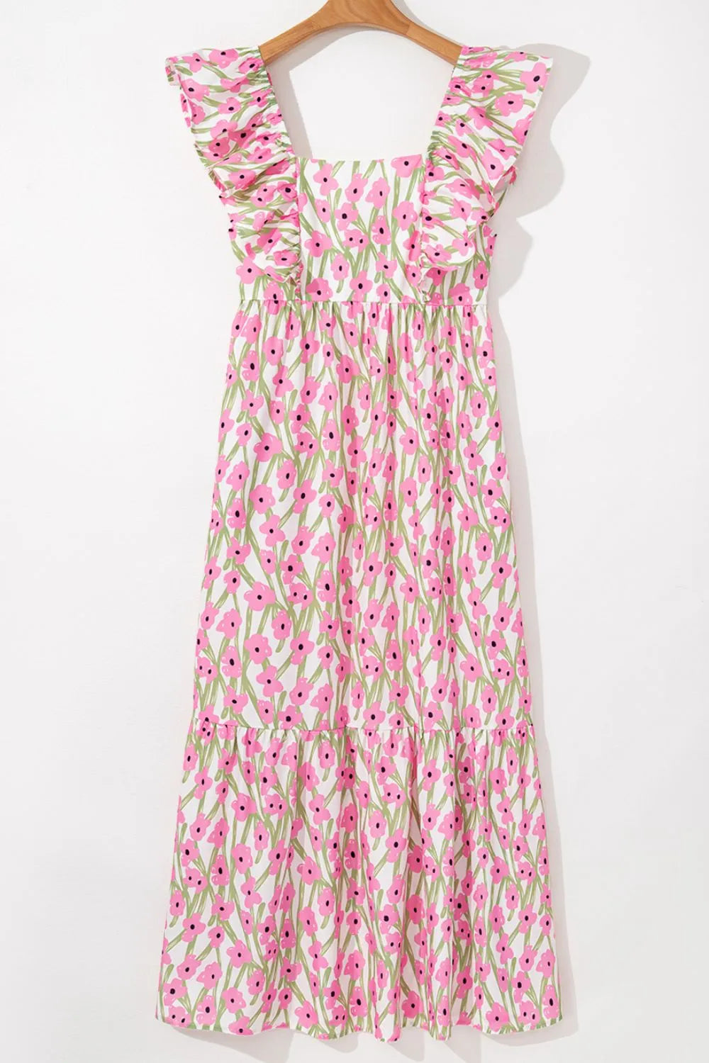 Floral Print Square Neck Ruffled Cap Sleeve Maxi Dress OutfitFlow