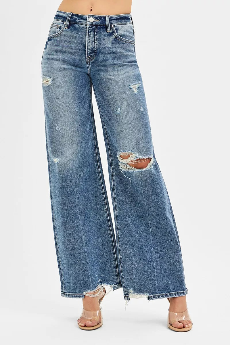 RISEN Tummy Control Mid Rise Fit Wide Jeans MEDIUM OutfitFlow