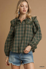 Umgee Full Size Plaid Ruffle Collar Blouse Plus Size Trendsi