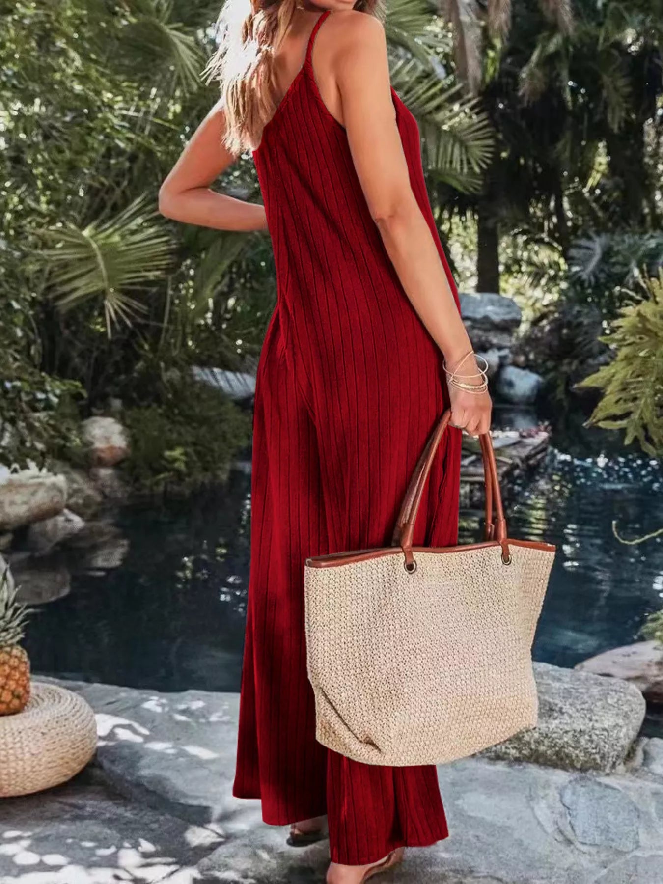 Ribbed V-Neck Wide Leg Jumpsuit OutfitFlow