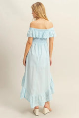 HYFVE High-Low Eyelet Ruffled Off-Shoulder Dress OutfitFlow