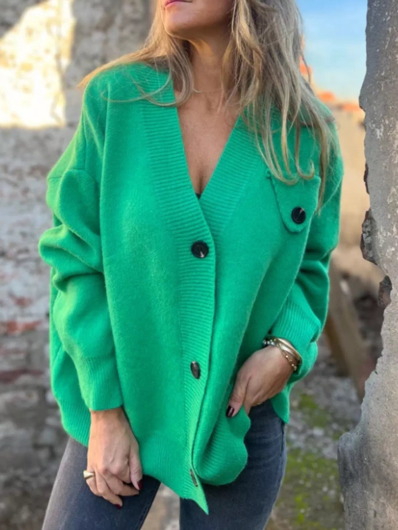 V-Neck Button-Up Oversized Sweater Cardigan Green OutfitFlow