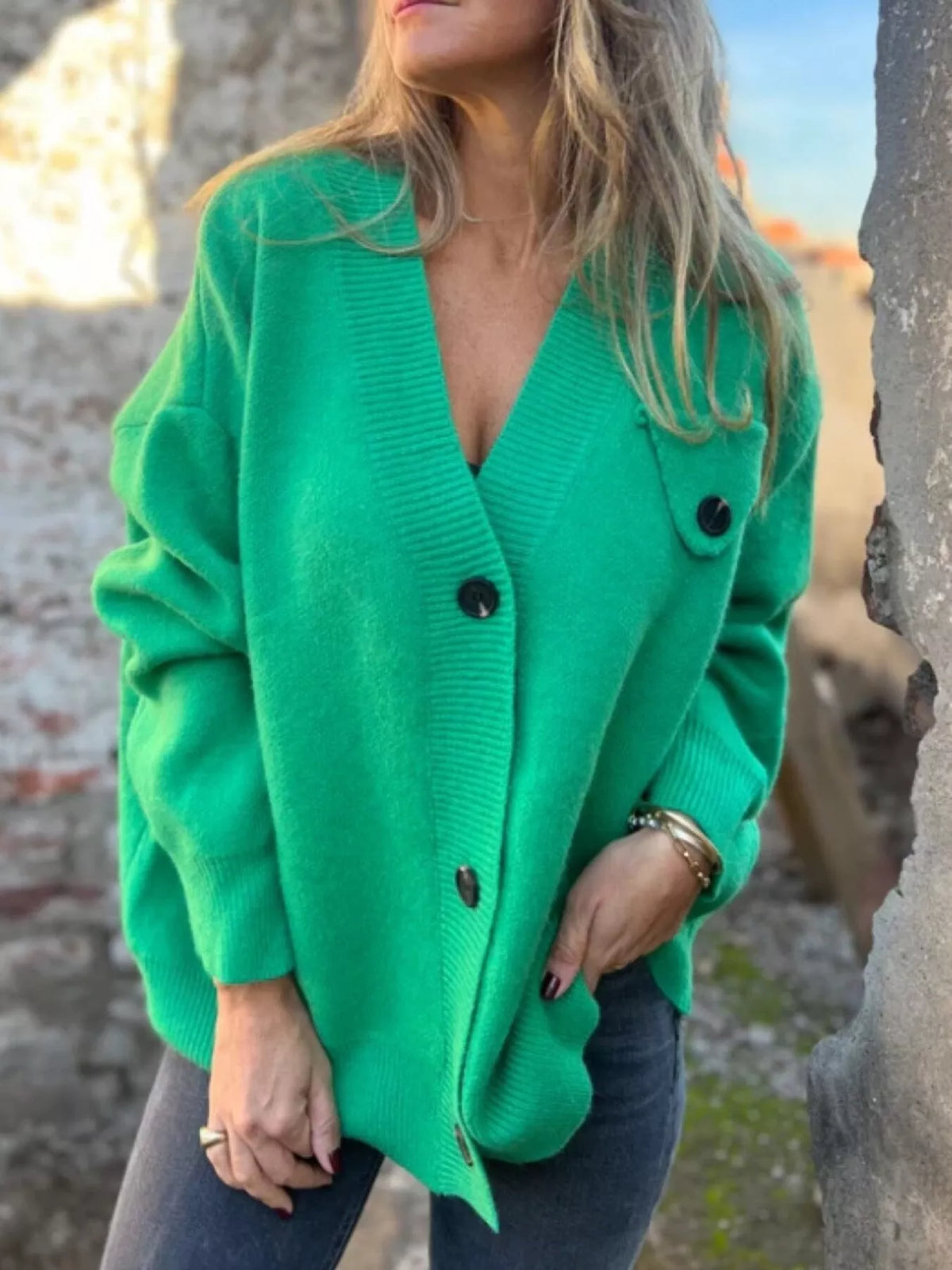 V-Neck Button-Up Oversized Sweater Cardigan Green OutfitFlow