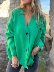 V-Neck Button-Up Oversized Sweater Cardigan Green OutfitFlow