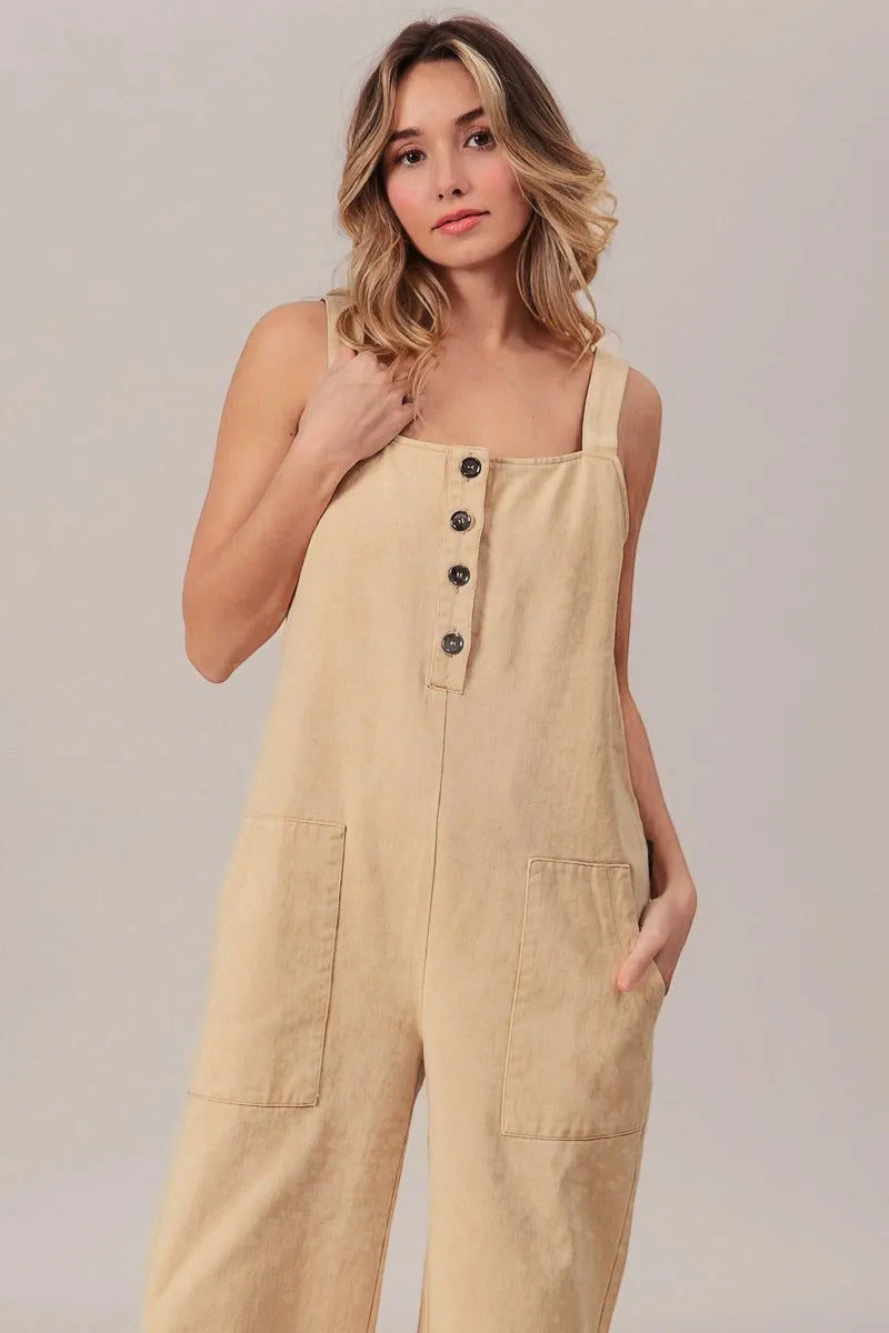 BiBi Washed Denim Buttoned Overall Jumpsuit OutfitFlow
