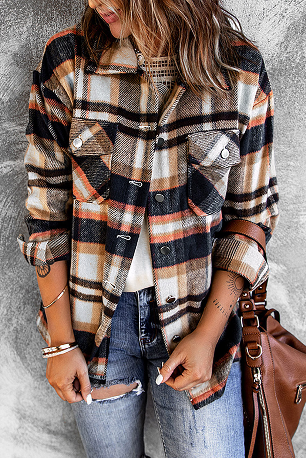 Plaid Button Front Shirt Jacket with Breast Pockets Blue Trendsi