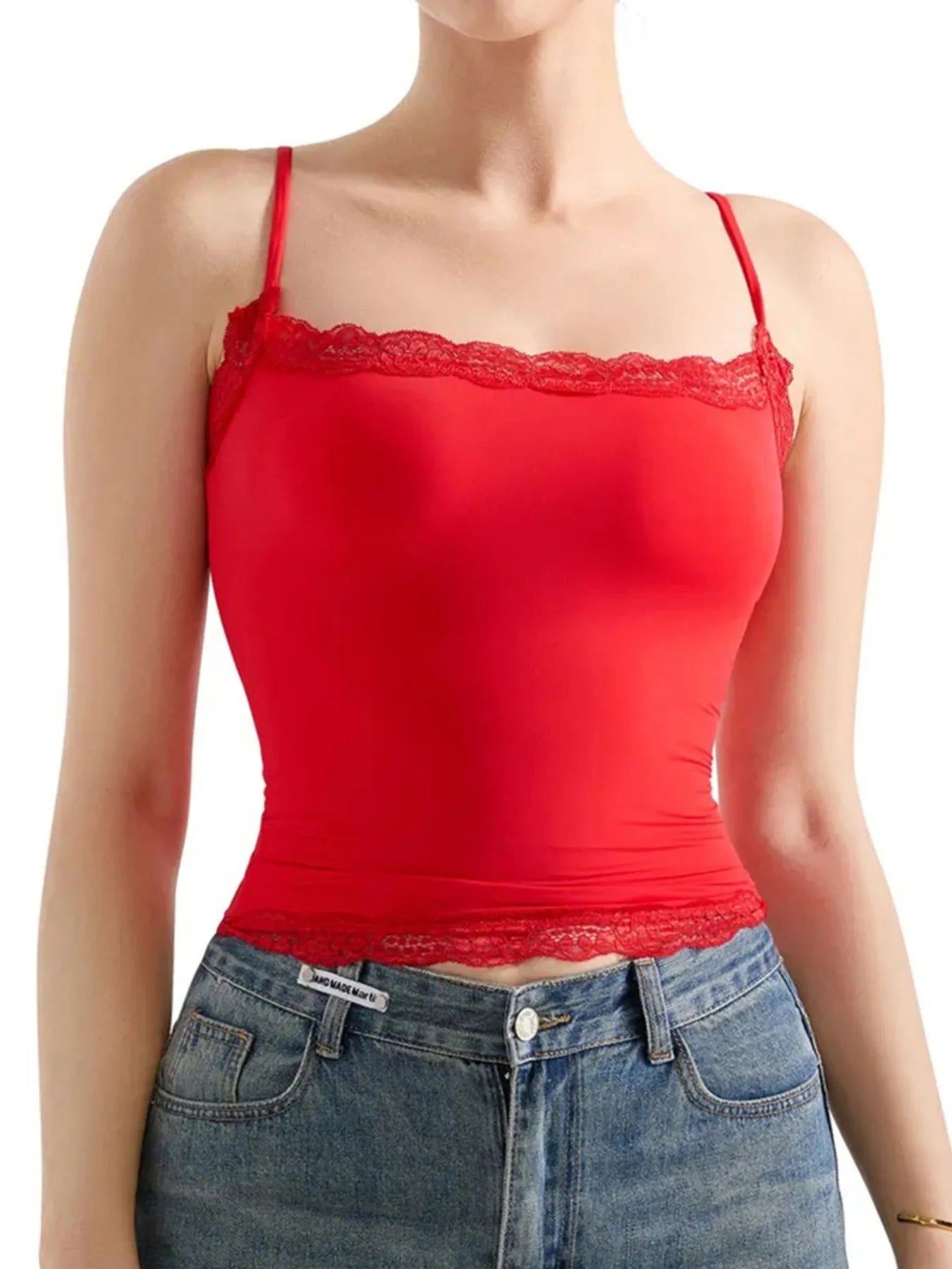 Lace Trim Cami Top Red OutfitFlow