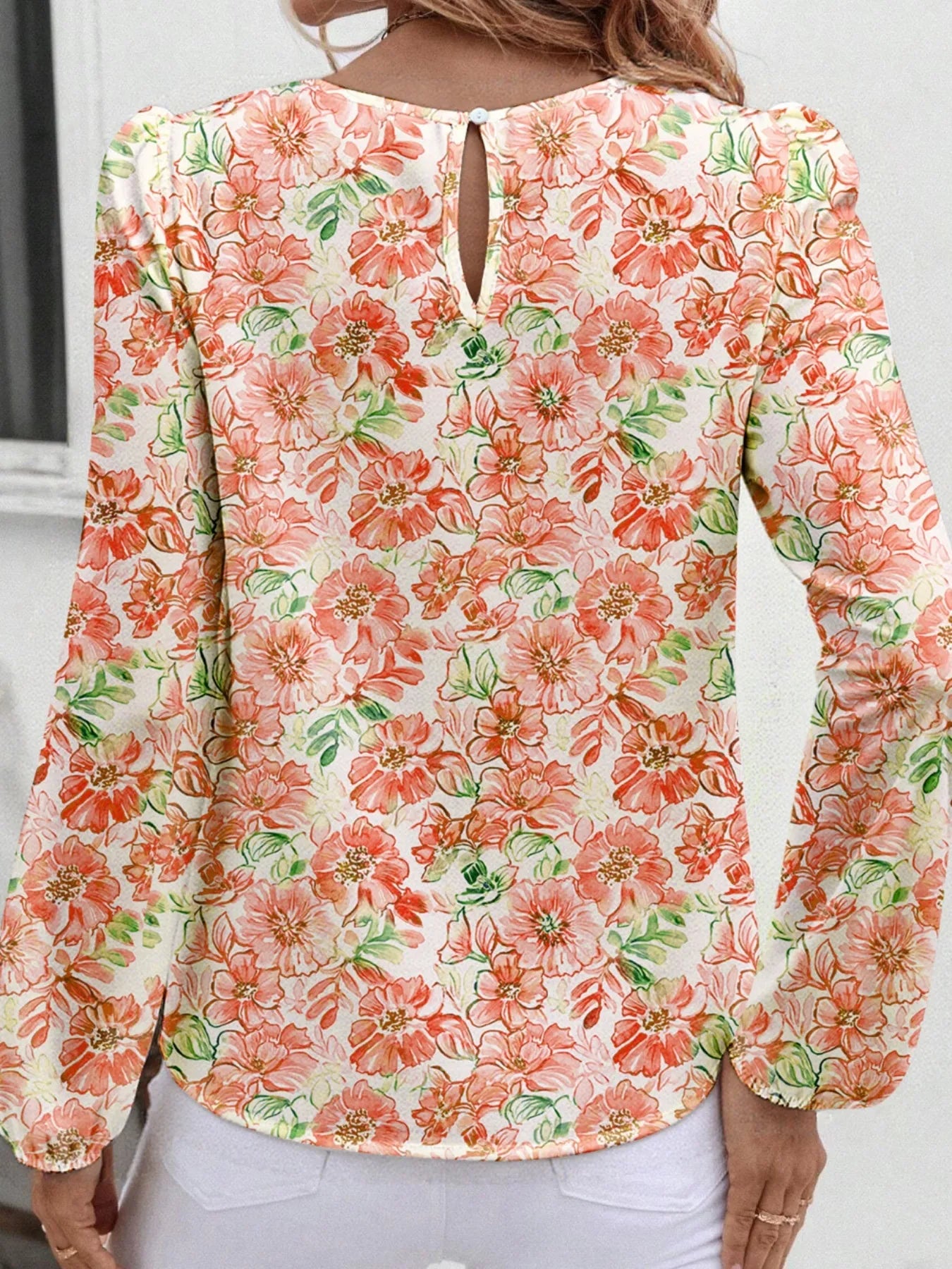 Floral Print Keyhole Neck Blouse OutfitFlow
