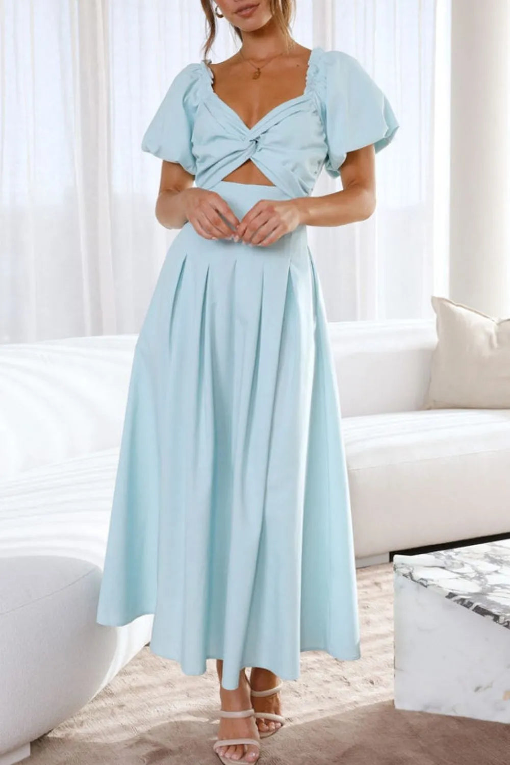 Sweetheart Neck Puff Sleeve Dress Pastel Blue OutfitFlow