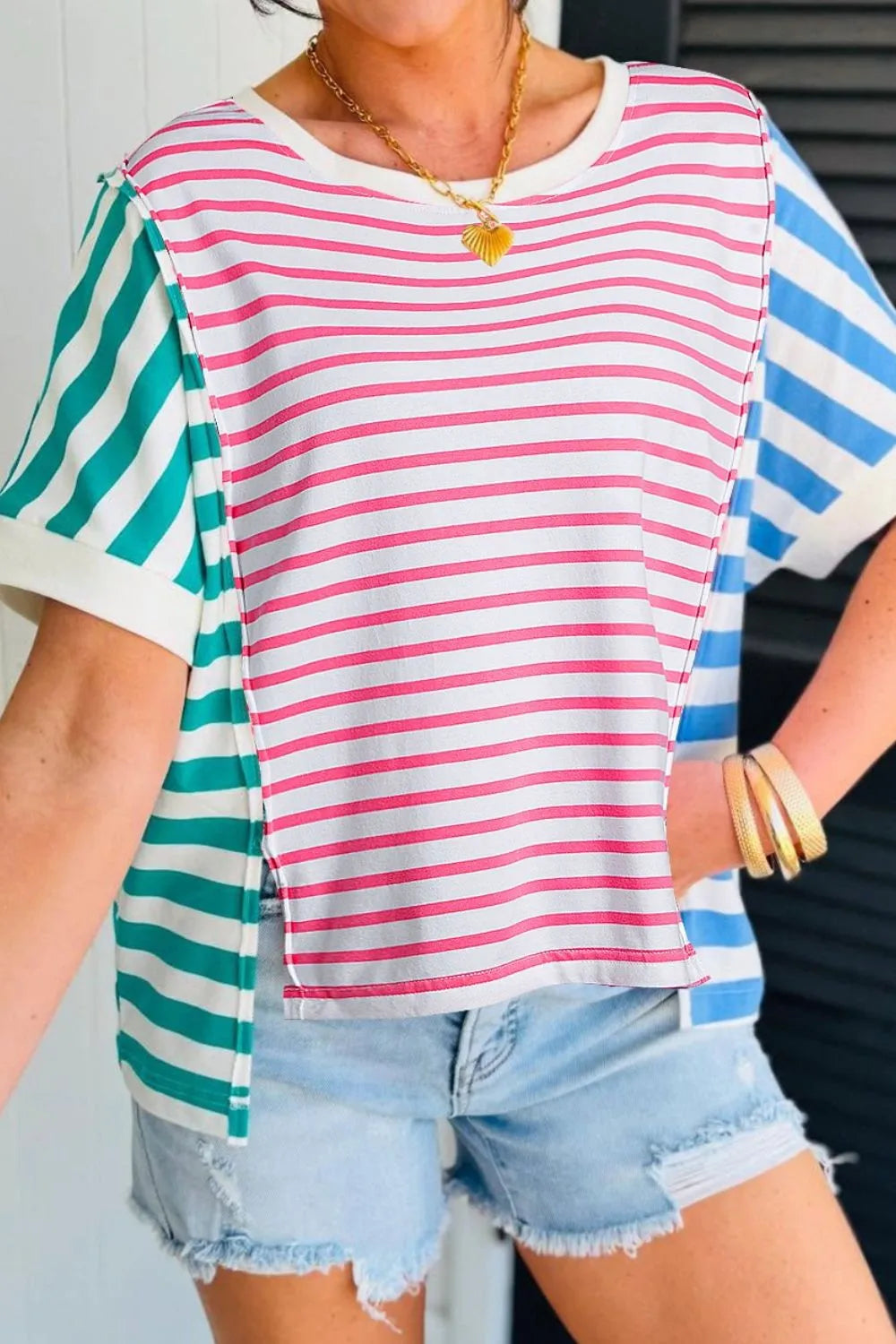 Color Block Striped Batwing Sleeve T-Shirt OutfitFlow