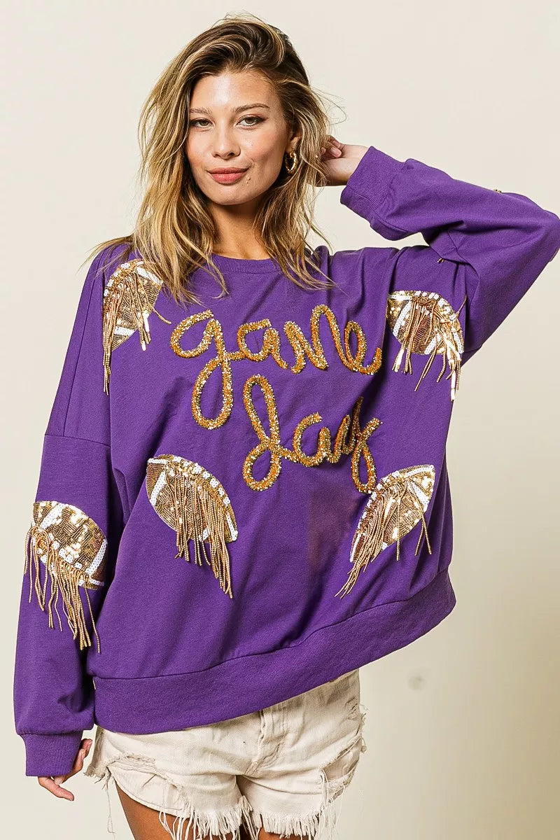 BiBi Sequin Football Patches Game Day Sweatshirt OutfitFlow