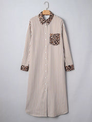 Striped Leopard Print Button Up Shirt Dress Trendsi