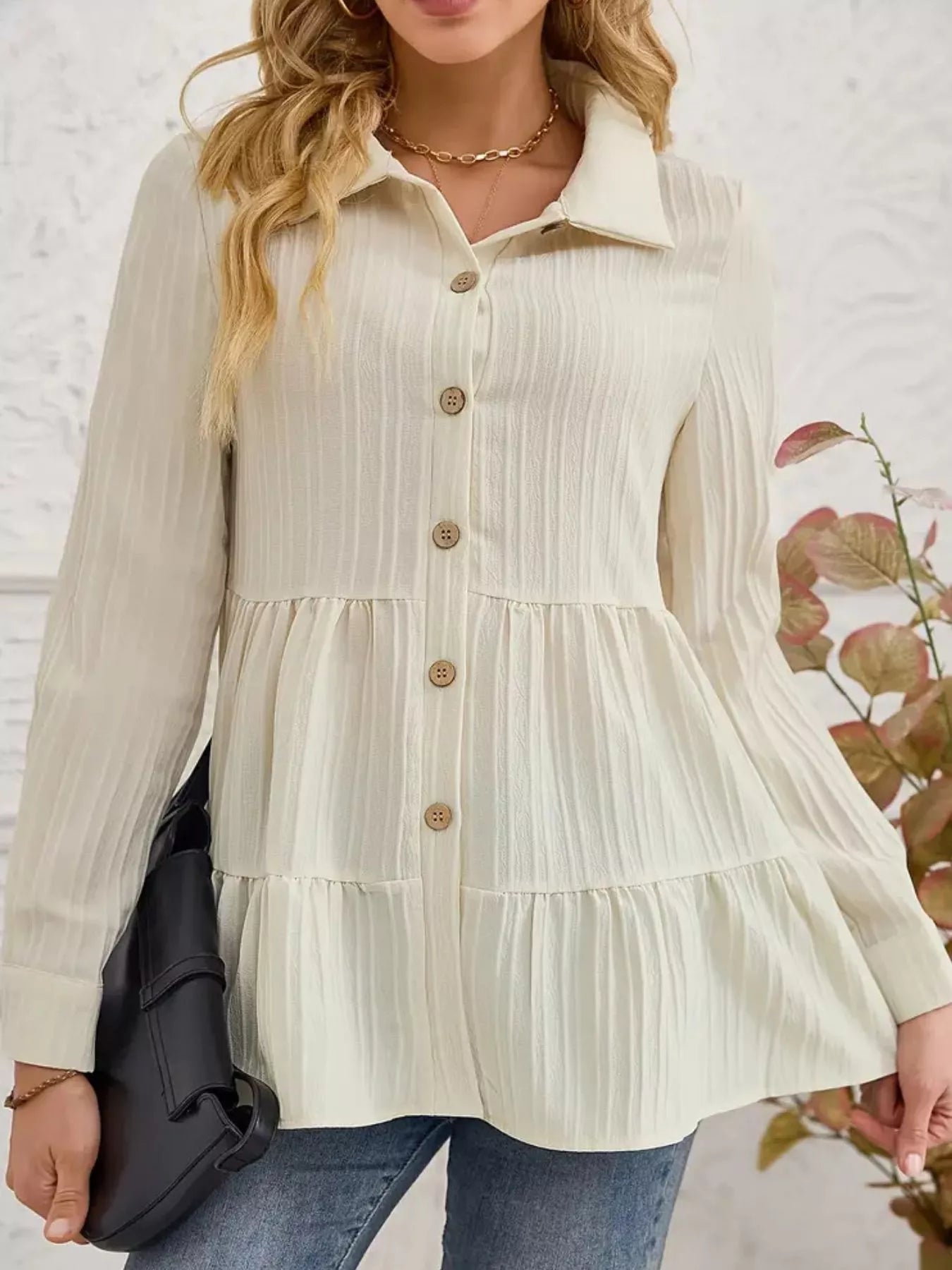 Button-Down Long Sleeve Tiered Shirt OutfitFlow