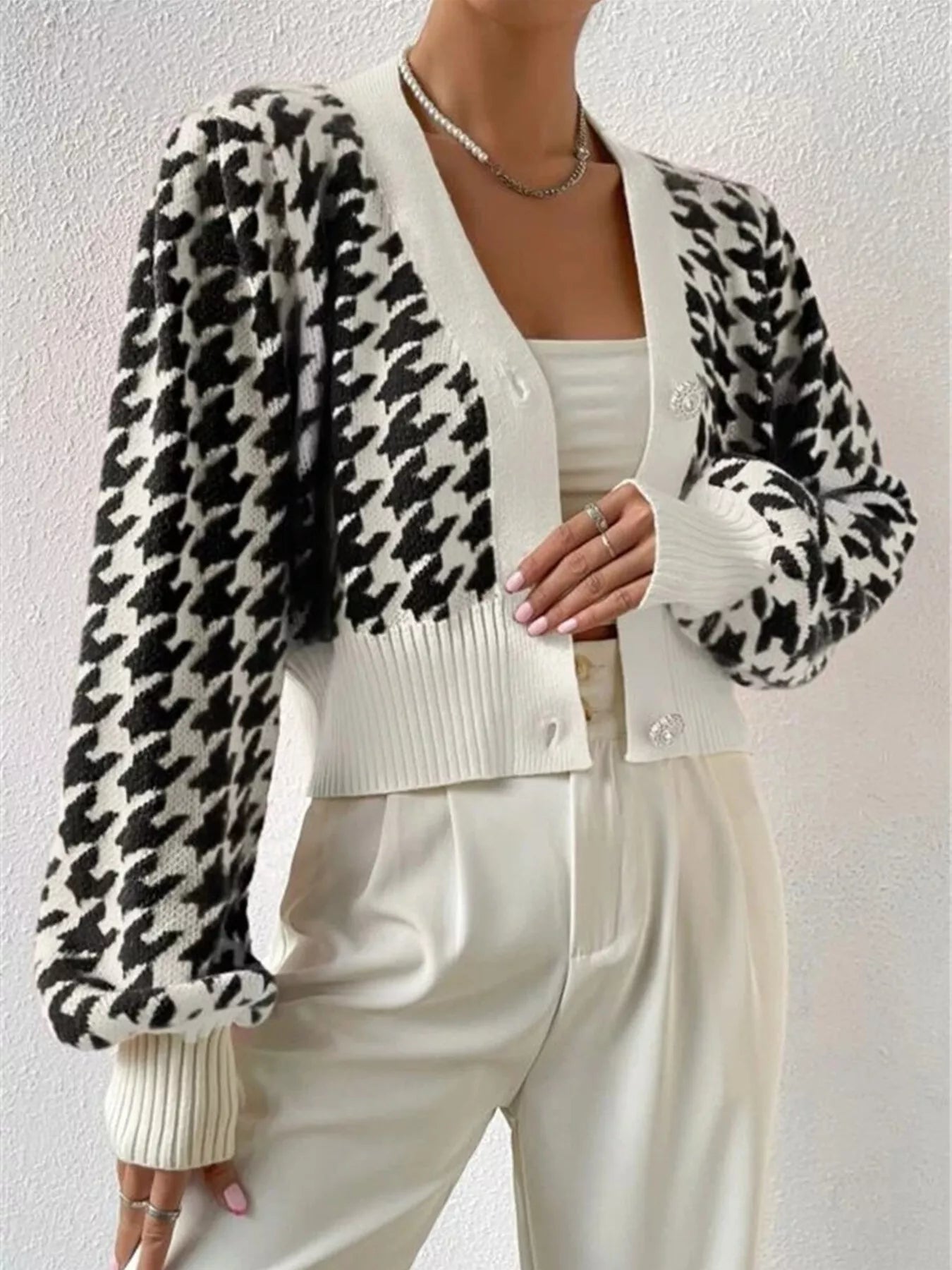 Houndstooth V-Neck Button Up Cardigan OutfitFlow