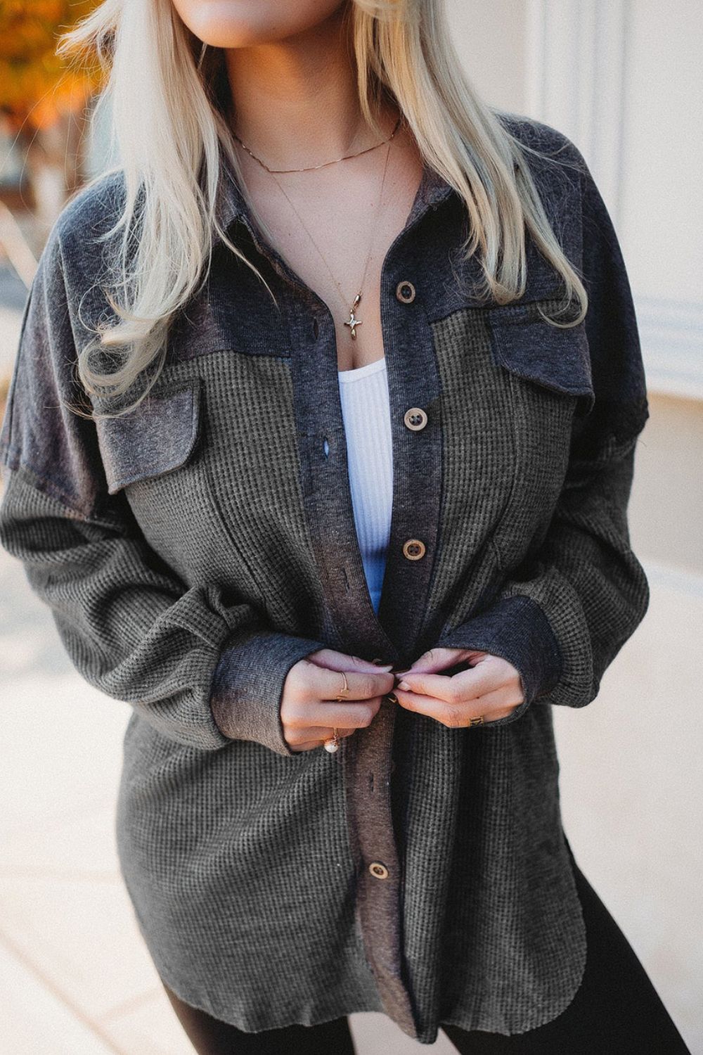 Waffle Knit Button Up Drop Shoulder Jacket