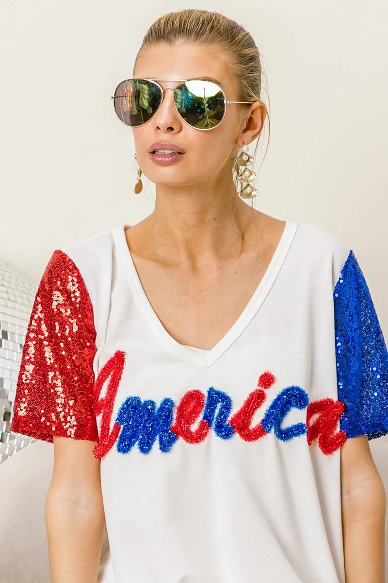 BiBi Metallic Letter V-neck Sequin Sleeves Top OutfitFlow