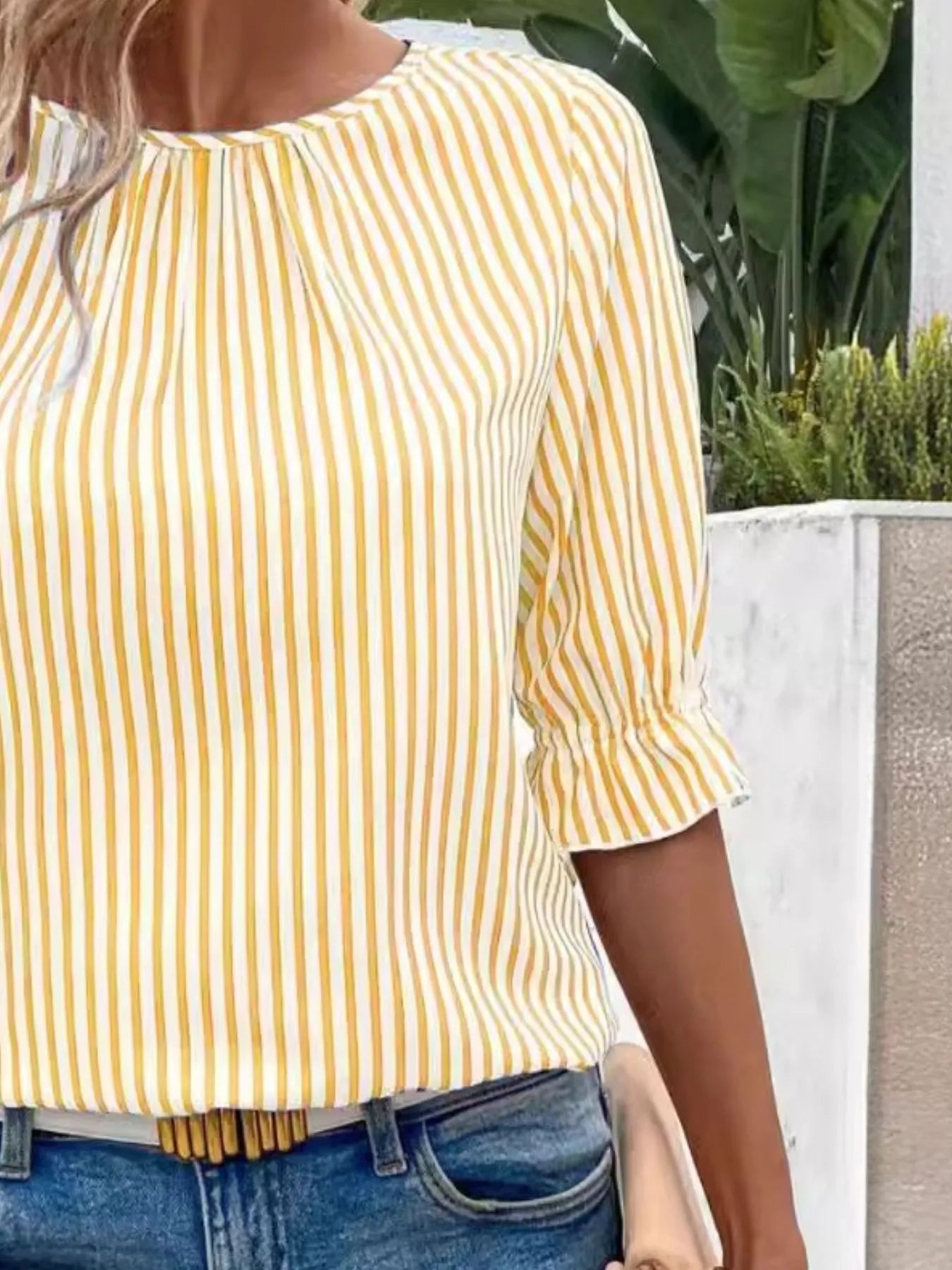 Striped Round Neck Half Sleeve Casual Blouse OutfitFlow