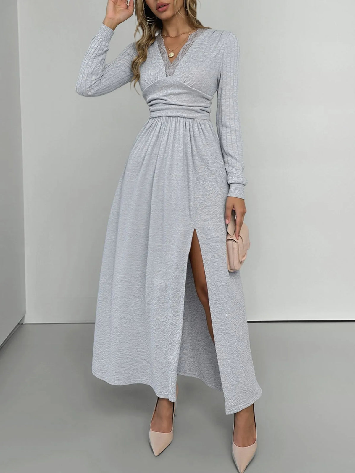 Lace Detail V-Neck Maxi Dress with Side Slit Light Gray OutfitFlow