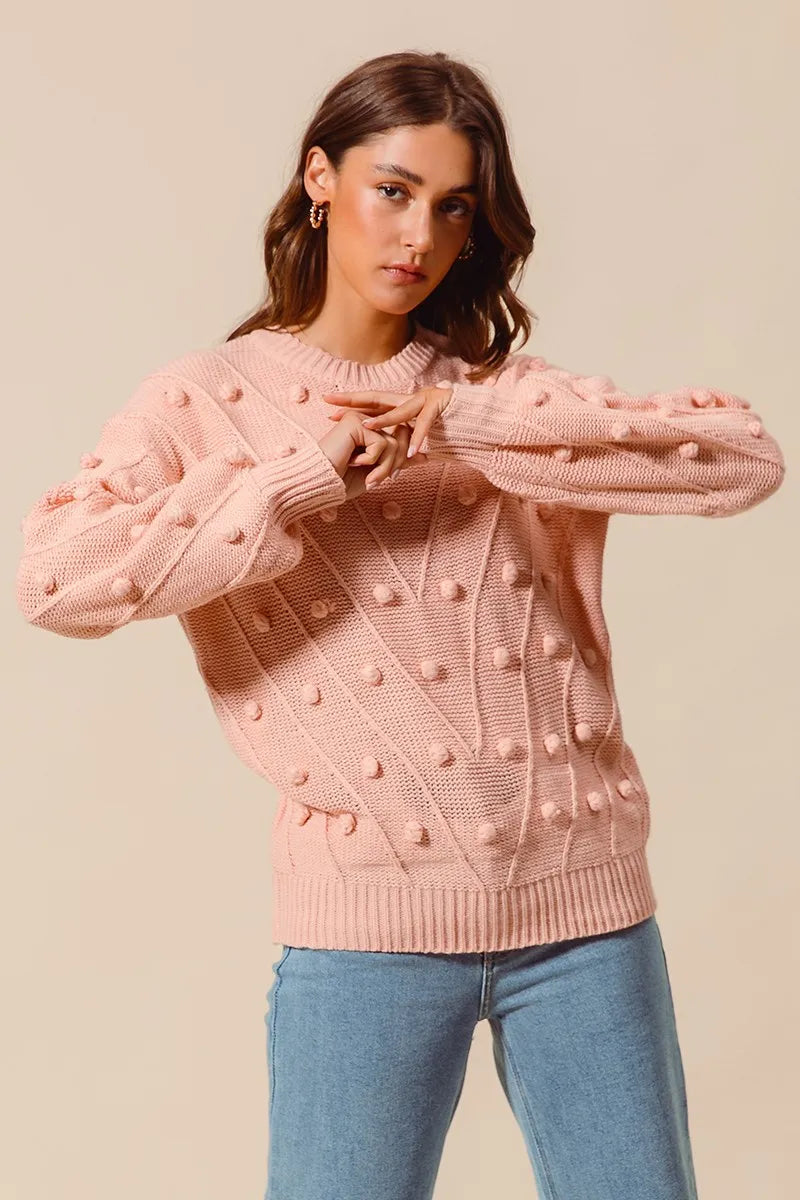 SO ME Pom Pom Textured Knit Sweater Top Trendsi