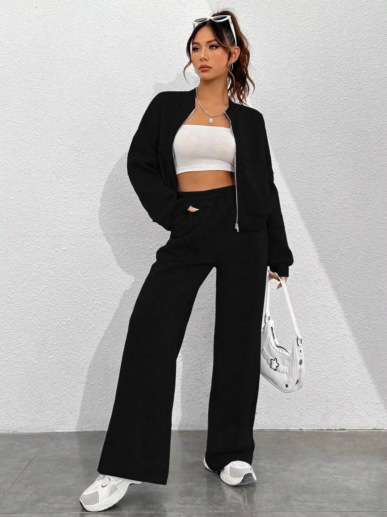 Casual Solid Color Zipper Jacket and Wide Leg Pants Set OutfitFlow