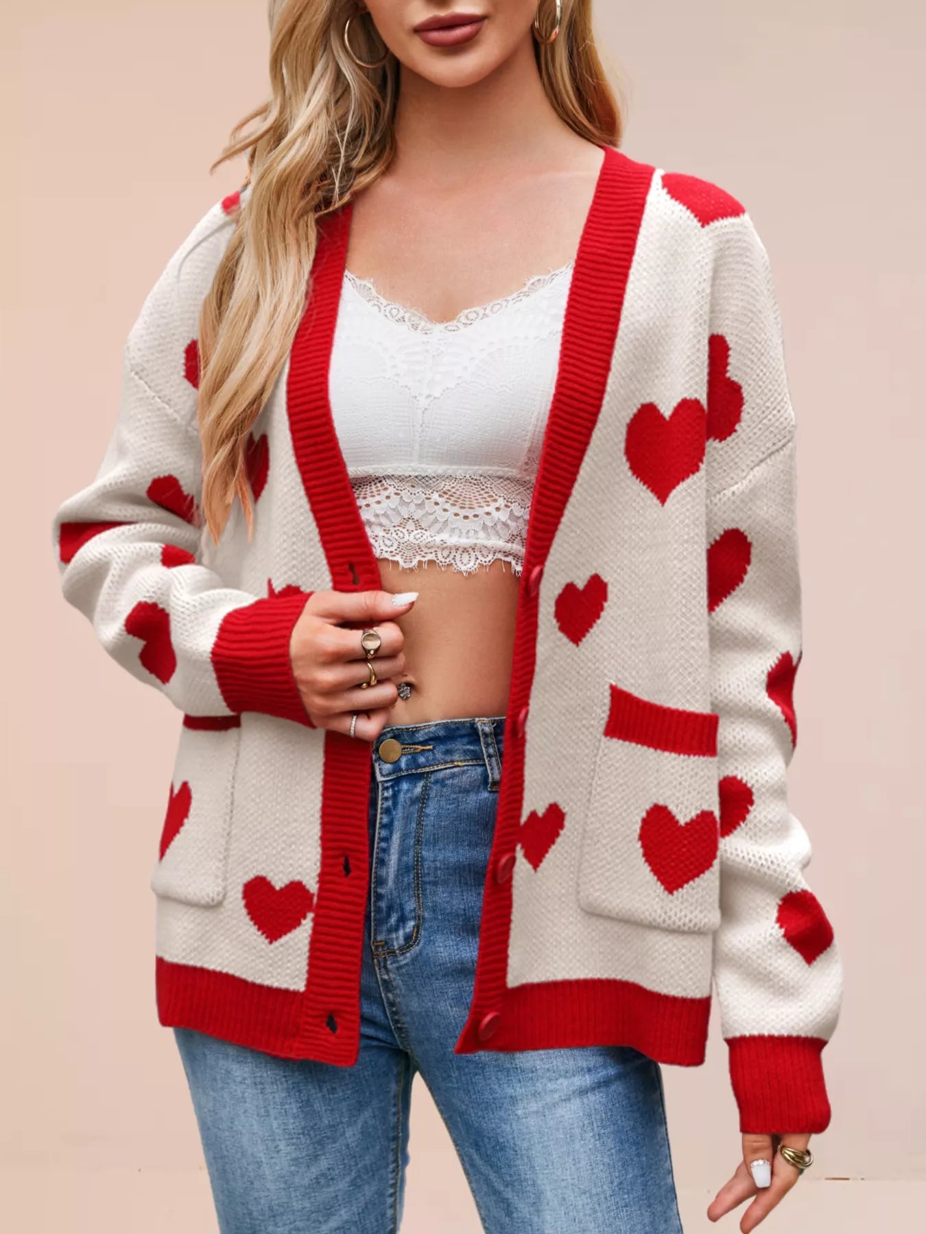 Heart Pattern Button-Up Knit Cardigan OutfitFlow