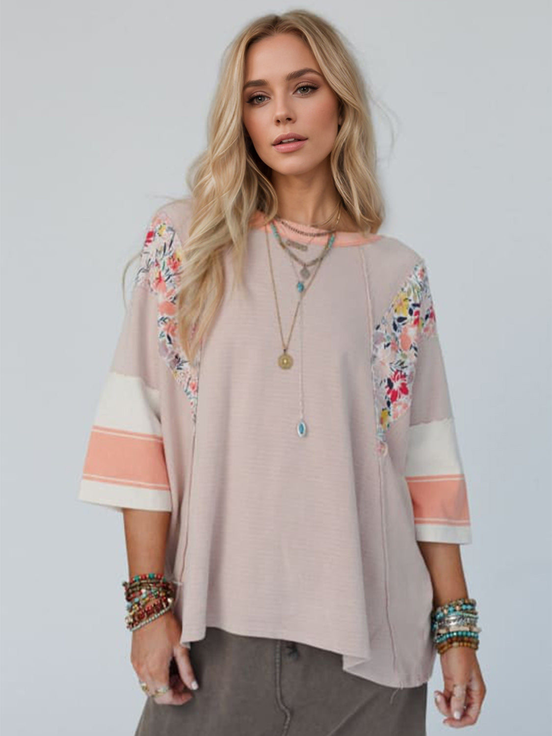 Outfit Flow - Color Block Printed Three-Quarter Sleeve Top