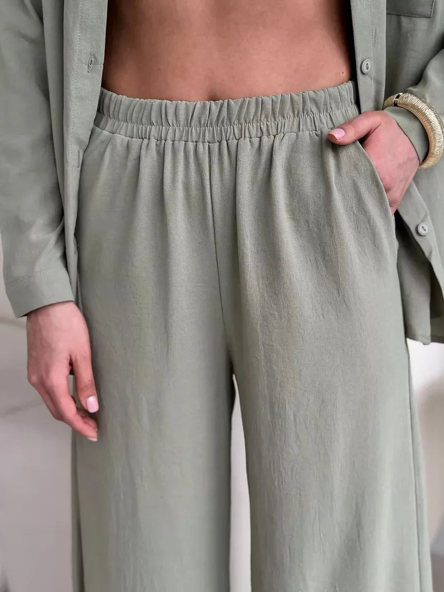 Button Up Long Sleeve Shirt and Pants Set OutfitFlow