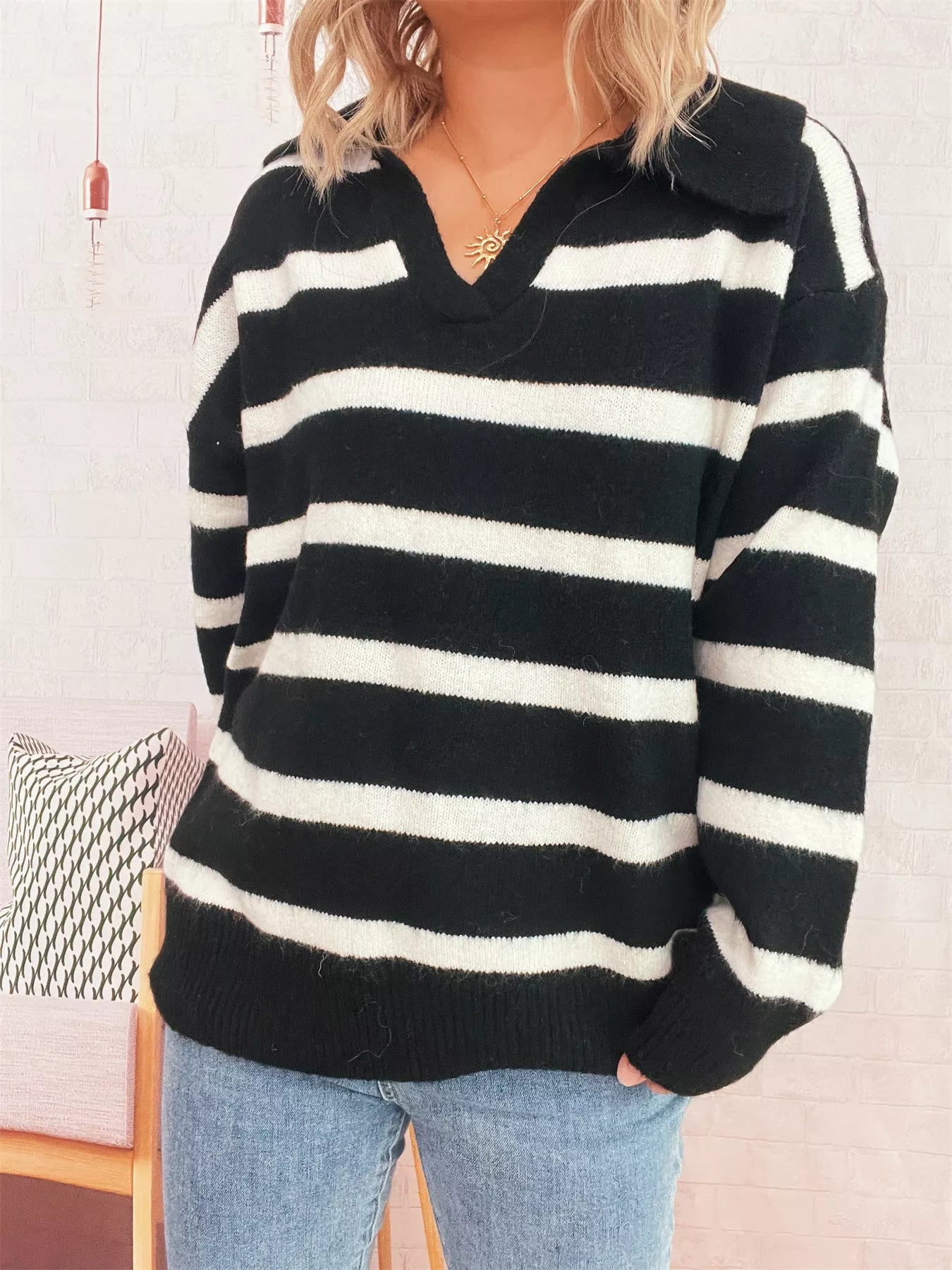 Striped Dropped Shoulder Sweater Black One Size OutfitFlow