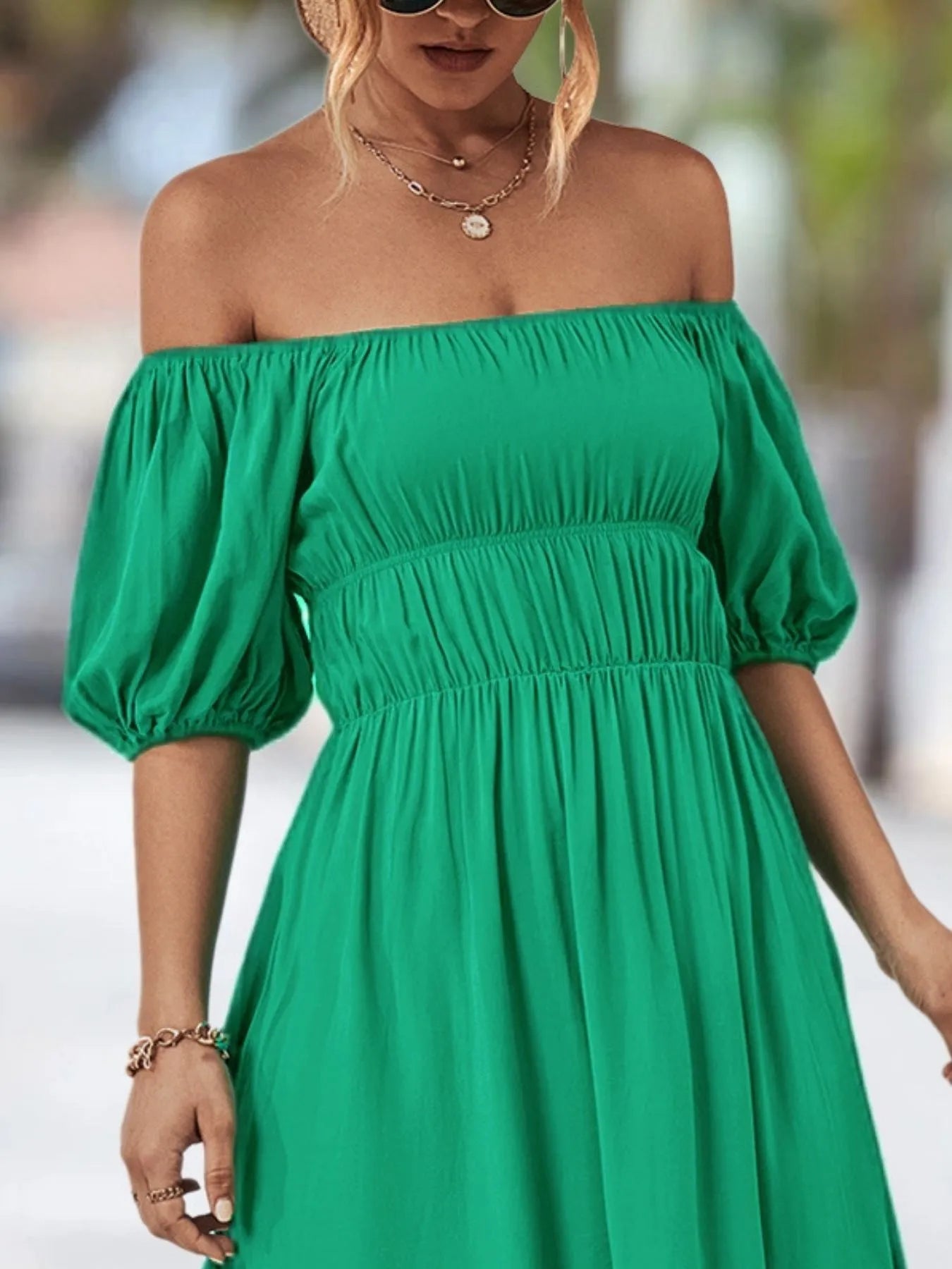 Off-Shoulder Puff Sleeve Mini Dress OutfitFlow